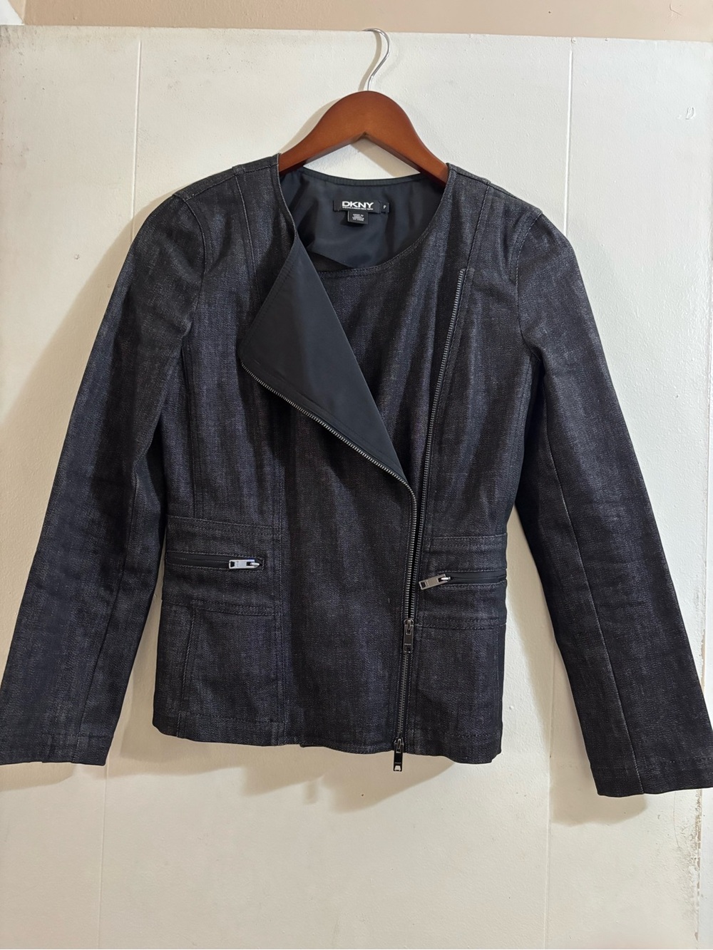 DKNY Black Asymmetrical Zip Leather-Style Jacket